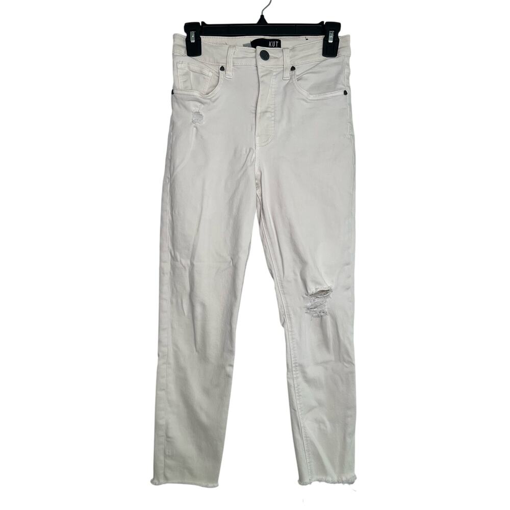 Kut from the Kloth High Rise Rachael Fab Ab Mom Jean White Jeans Size 0 Raw Hem